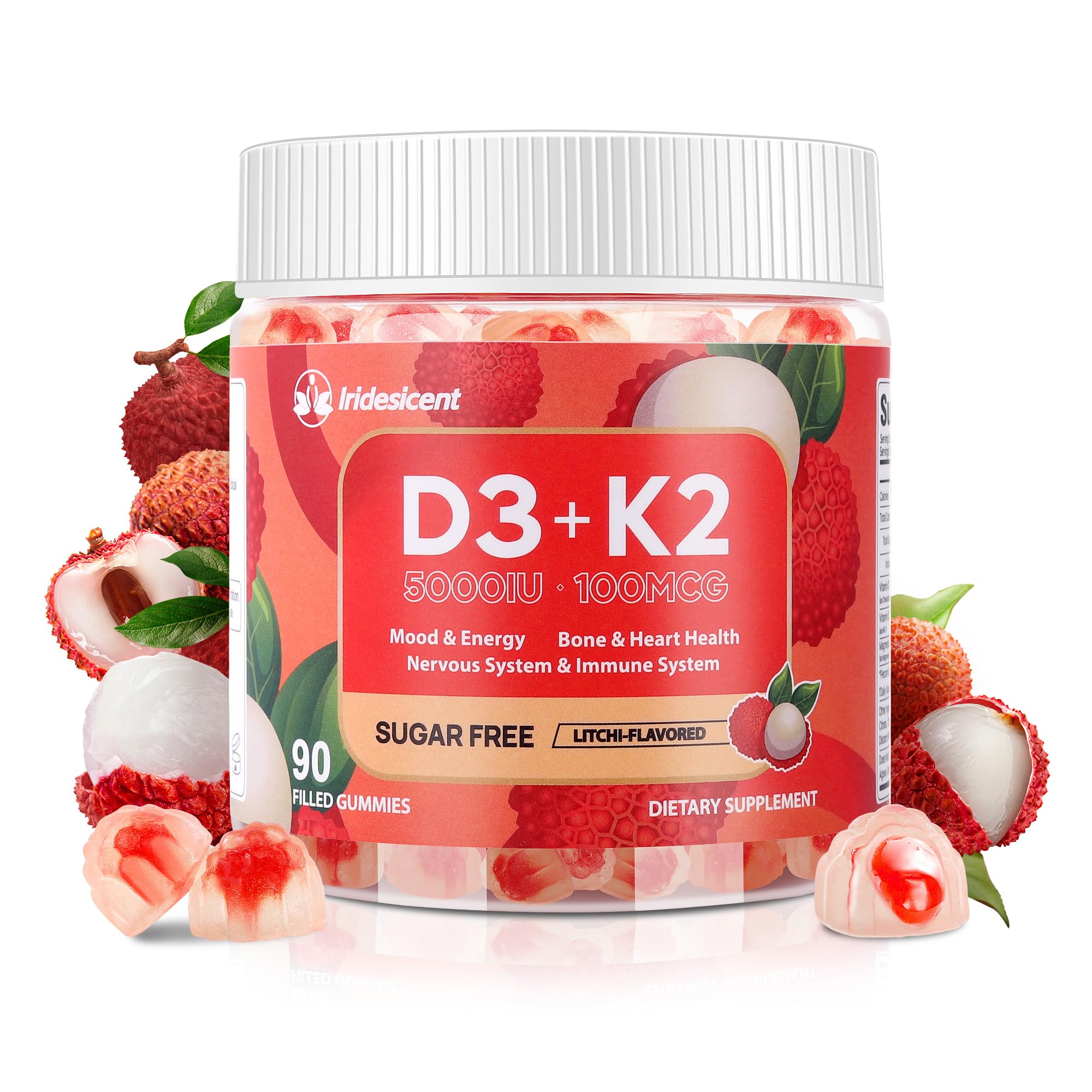 Iridesicent Vitamin D3 K2 Gummies lychee bottle for daily bone support.