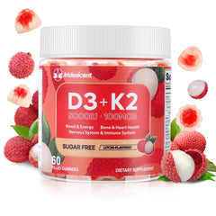 Iridesicent Vitamin D3 K2 Gummies lychee bottle close-up, promoting bone support and daily vitality.