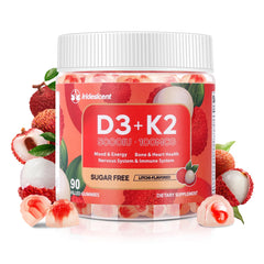 Iridesicent Vitamin D3 K2 Gummies lychee bottle for daily bone support.