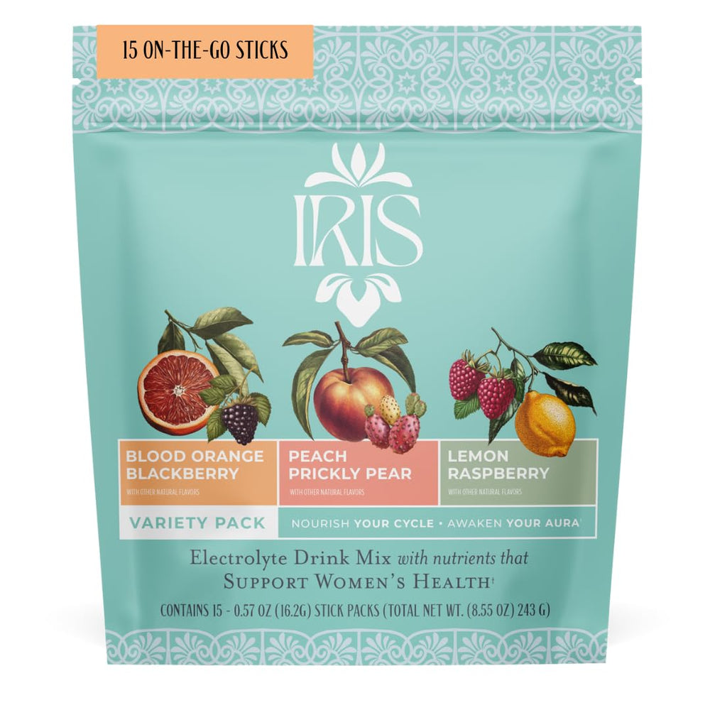 Iris Hormone Health electrolyte packets close-up for on-the-go hydration
