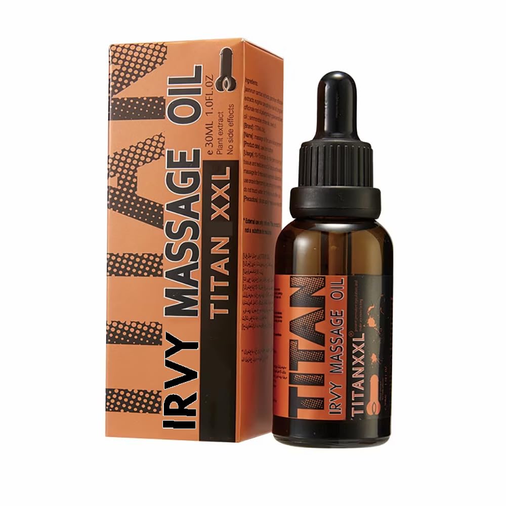 Irvy Titan XXL oil bottle closeup showing premium formula for skin nourishment.
