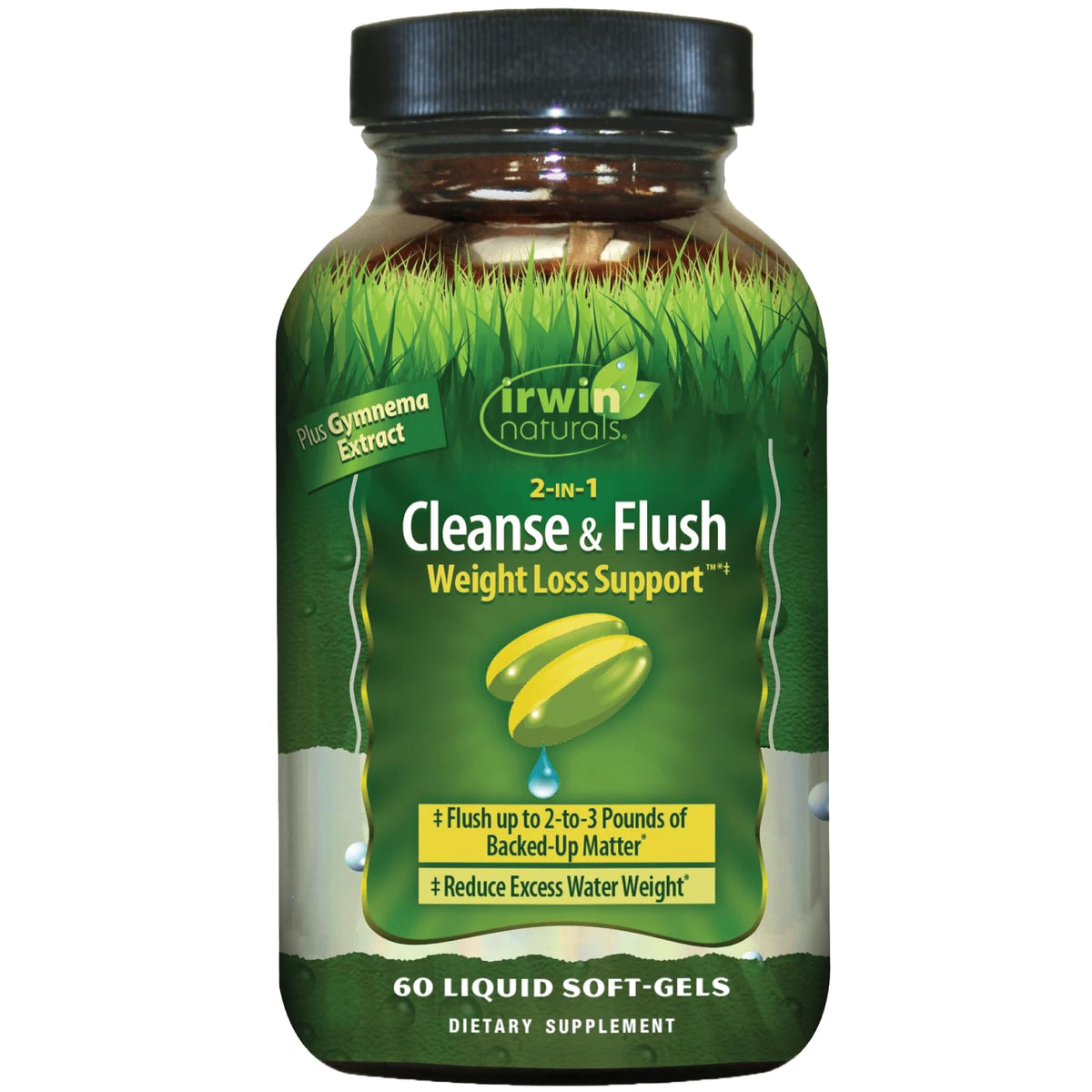 Irwin Naturals 2-in-1 Cleanse & Flush bottle supports gentle cleansing and regularity.