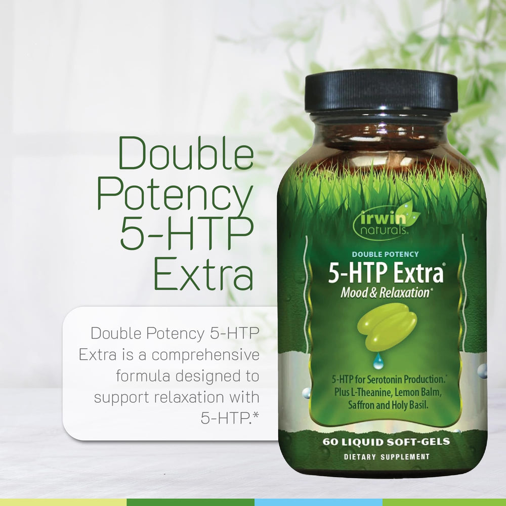 Irwin Naturals 5-HTP Extra pack shot highlighting 60 liquid soft-gels