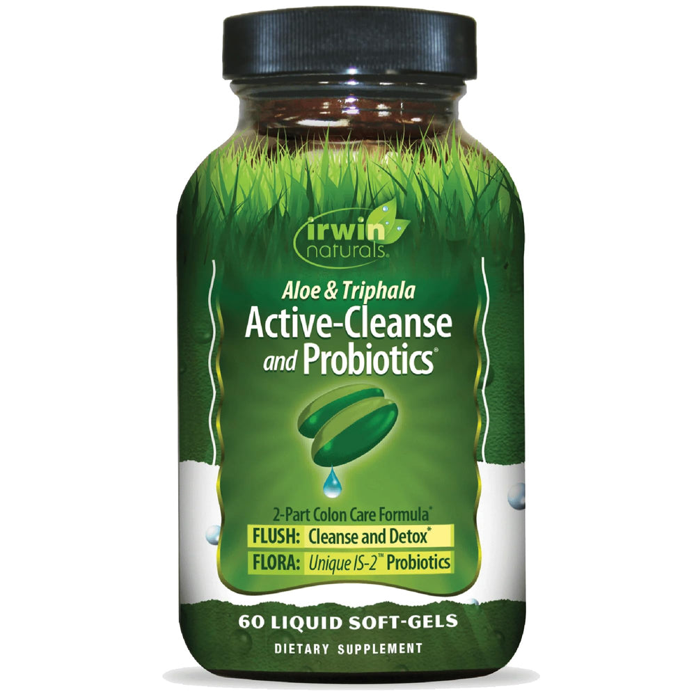 Irwin Naturals Aloe & Triphala Active Cleanse bottle with softgels supporting digestion.