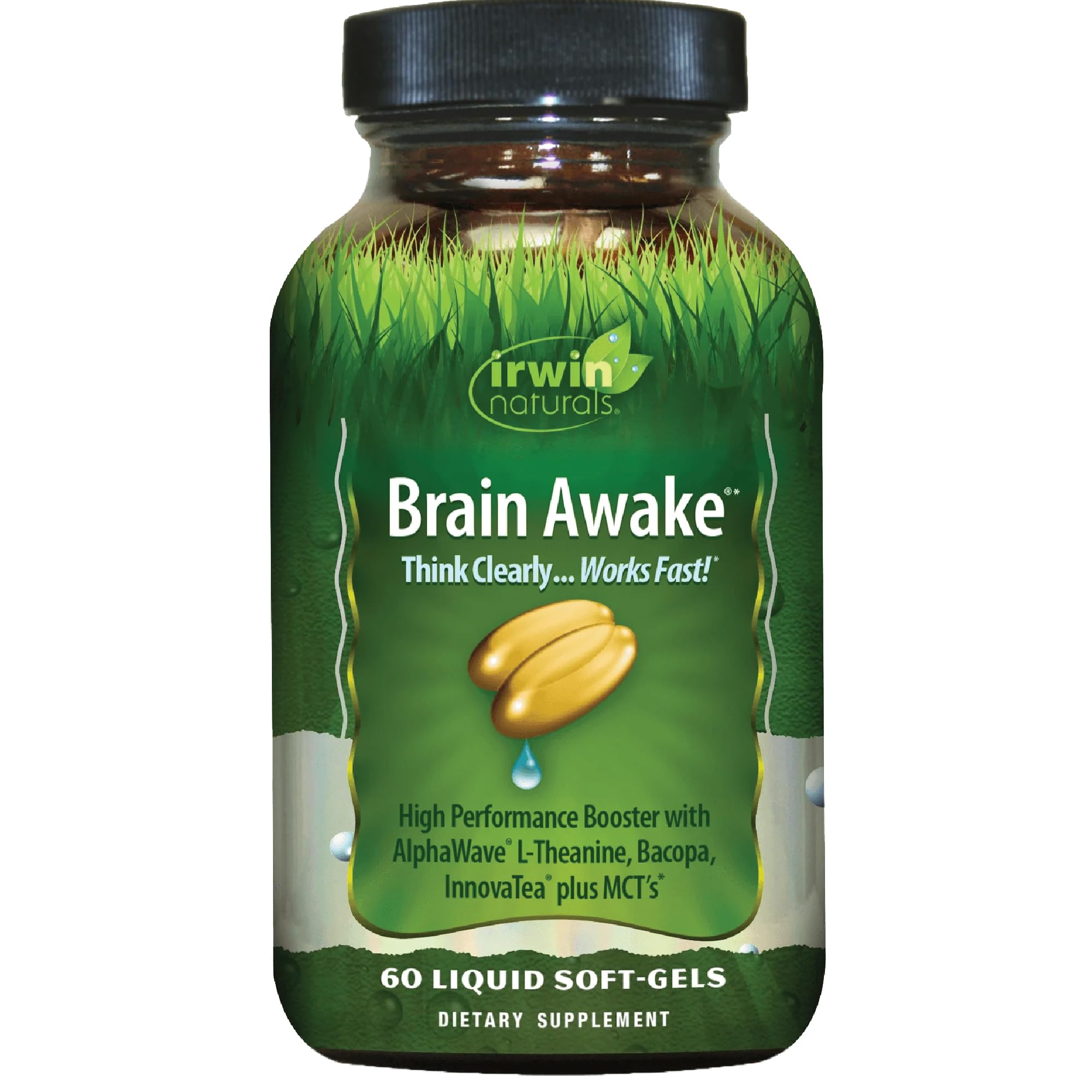 Irwin Naturals Brain Awake bottle front view for daily cognitive support and focus.