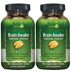 Irwin Naturals Brain Awake bottle shows the sleek softgel container for quick focus on the go.