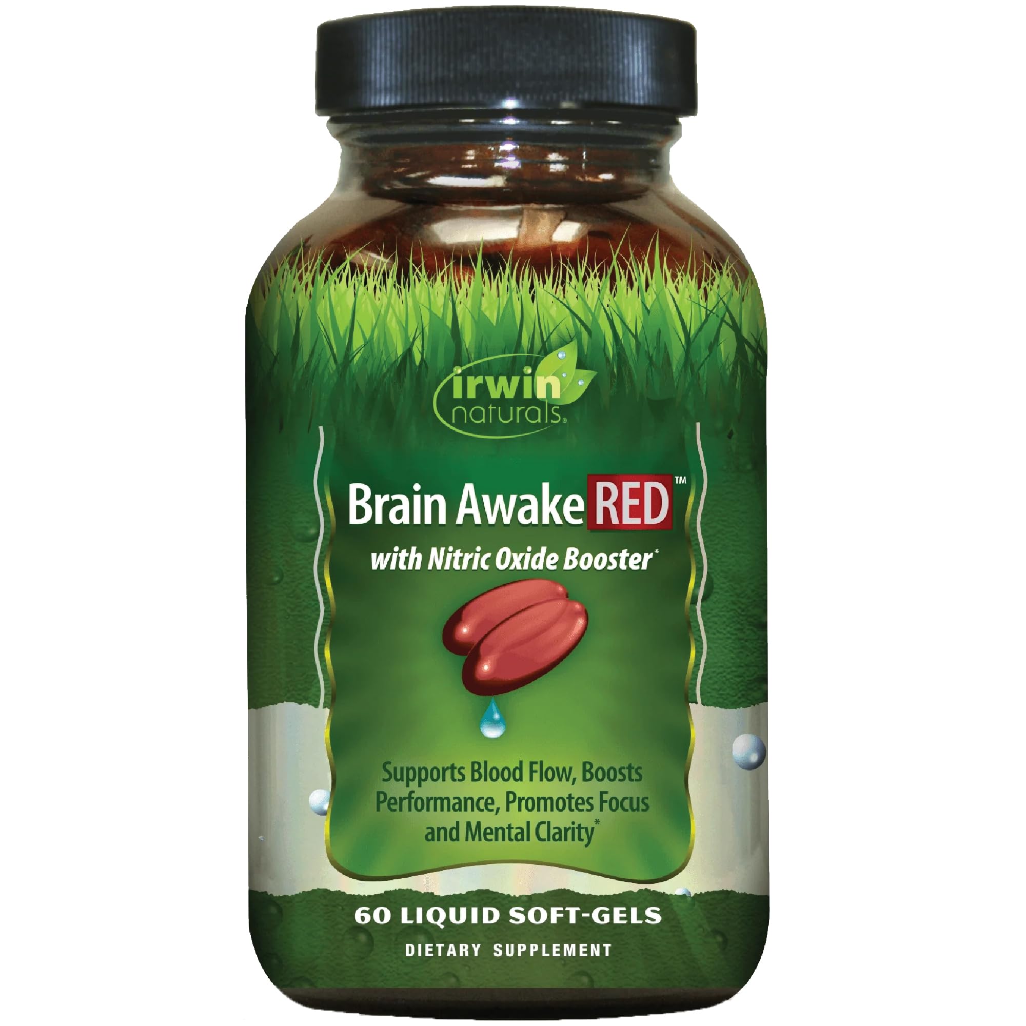 Irwin Naturals Brain Awake RED bottle pour enhances focus and sustained energy