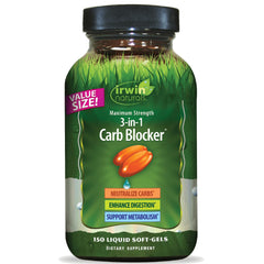 Irwin Naturals carb blocker bottle shown for convenient 150 softgels and carb management benefits