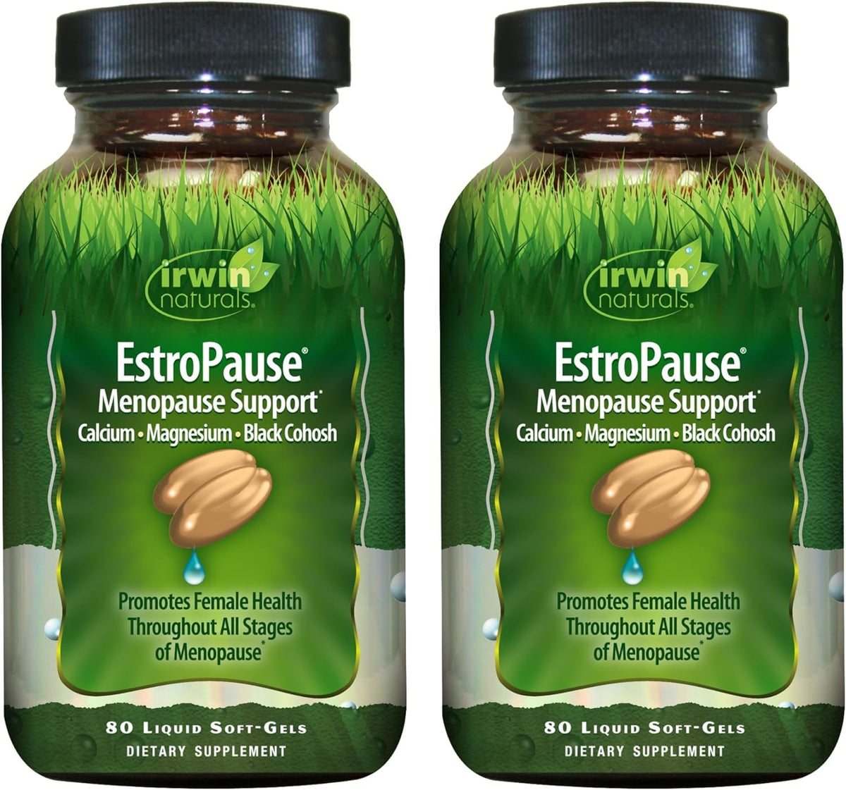 Irwin Naturals EstroPause bottle front with gentle menopause support in liquid soft-gels.