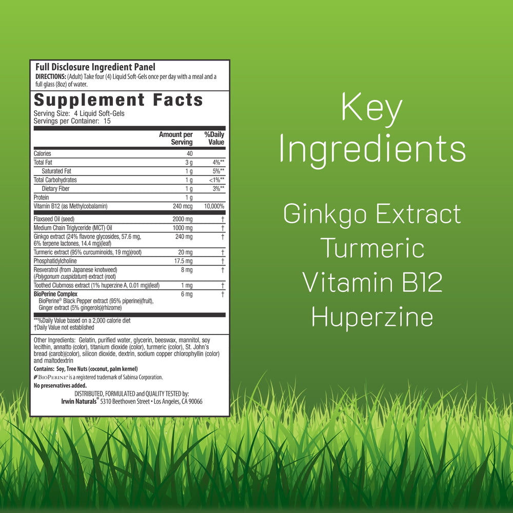 Irwin Naturals Ginkgo softgels pour shows easy daily use for focus and alertness.