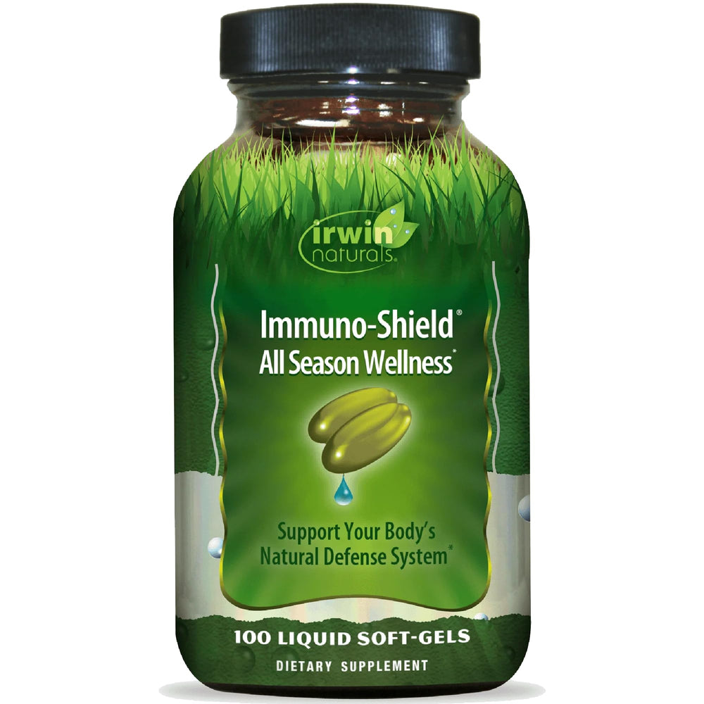 Irwin Naturals Immuno-Shield bottle label showing all-season defense concept.