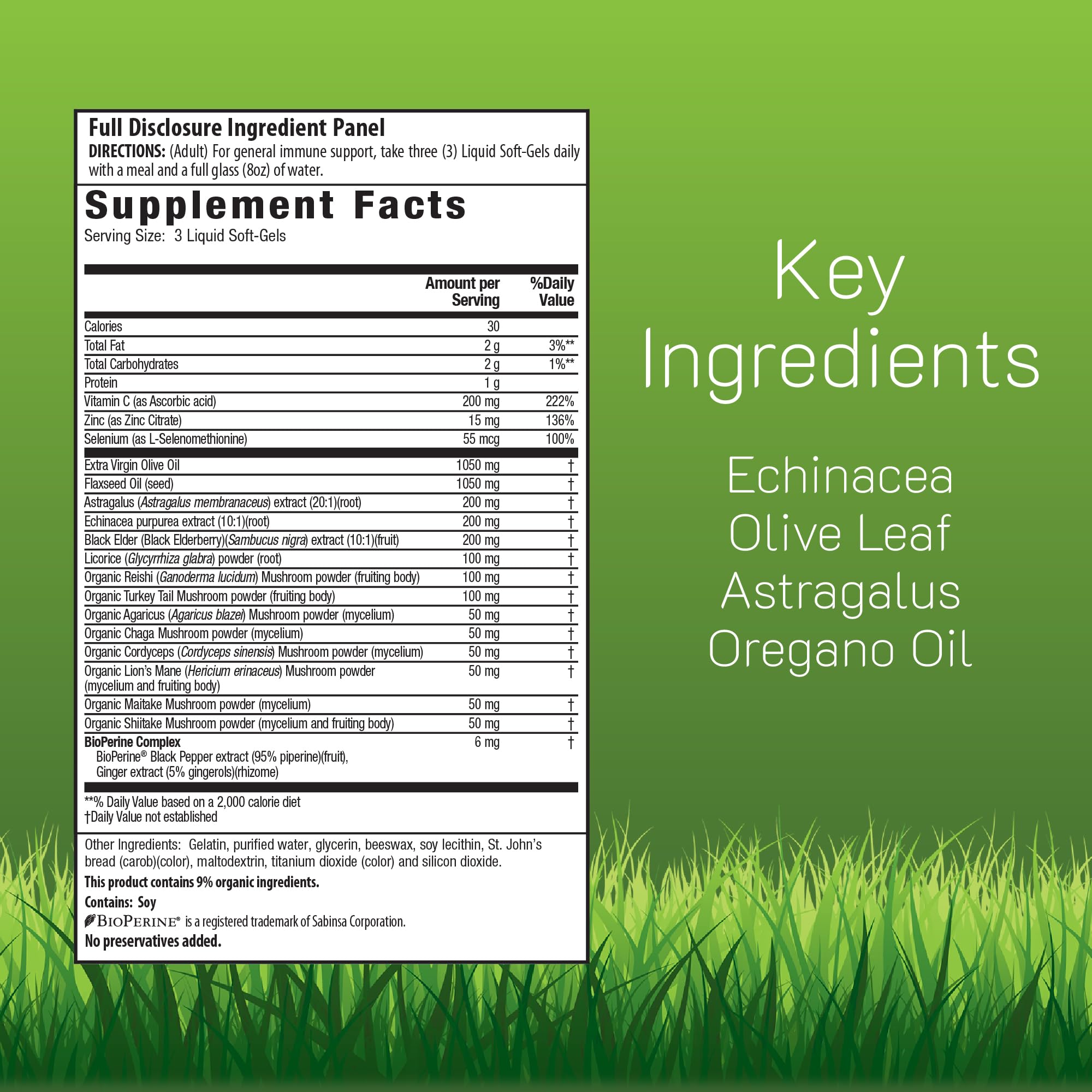 Immuno-Shield bottle back label lists vitamins and minerals for immunity.