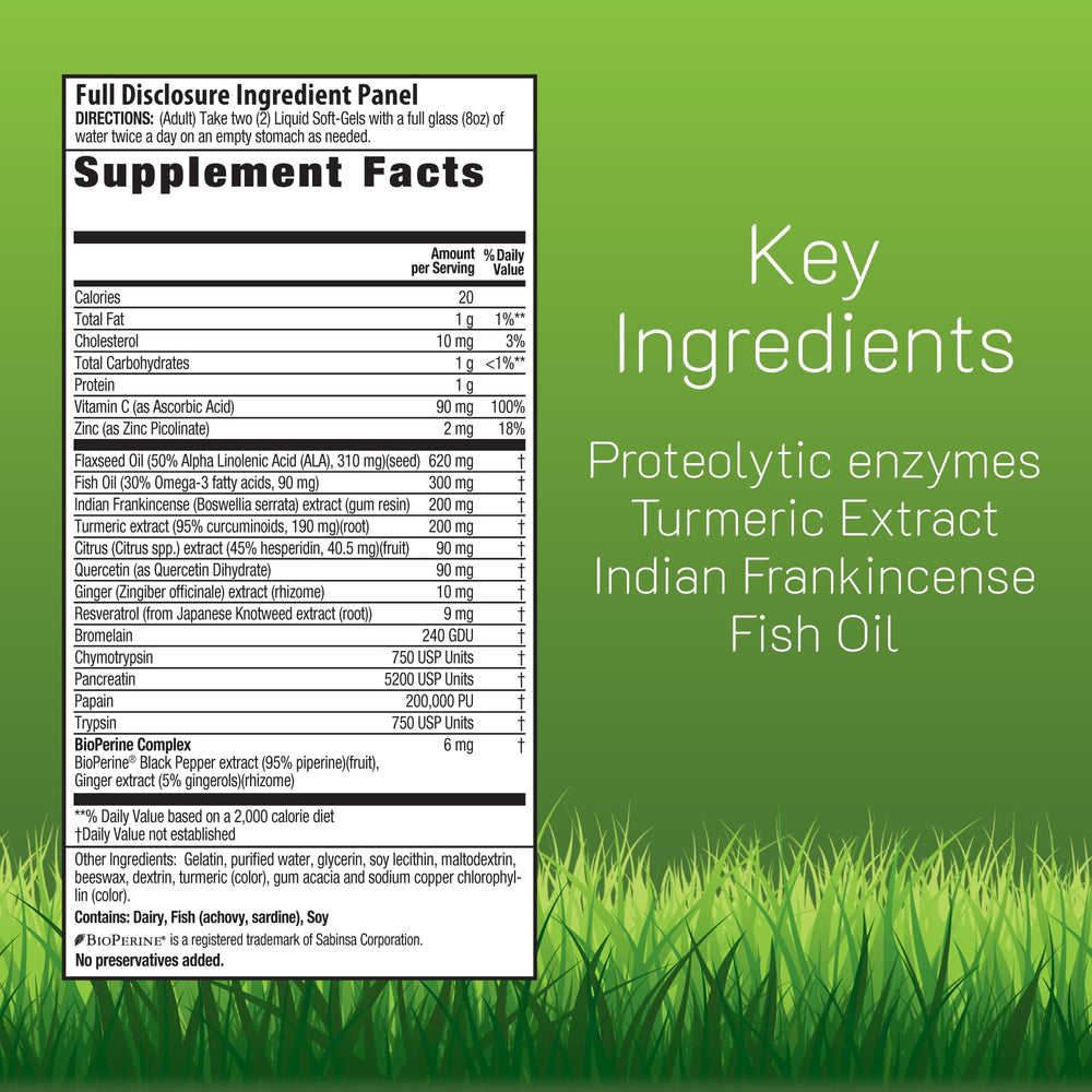 Inflamma-Less liquid softgels closeup showing easy-to-swallow capsules for daily use