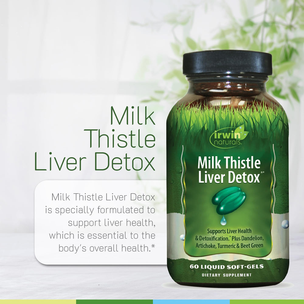 Irwin Naturals Liver Detox ingredients panel featuring dandelion, artichoke, turmeric for liver support.