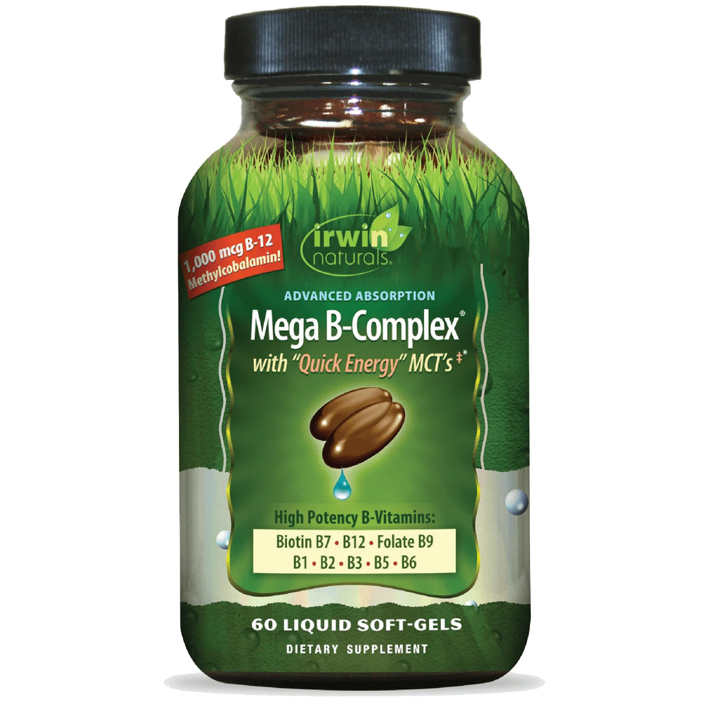 Irwin Naturals Mega B-Complex bottle showing liquid softgels for energy support.