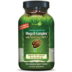 Irwin Naturals Mega B-Complex bottle showing liquid softgels for energy support.