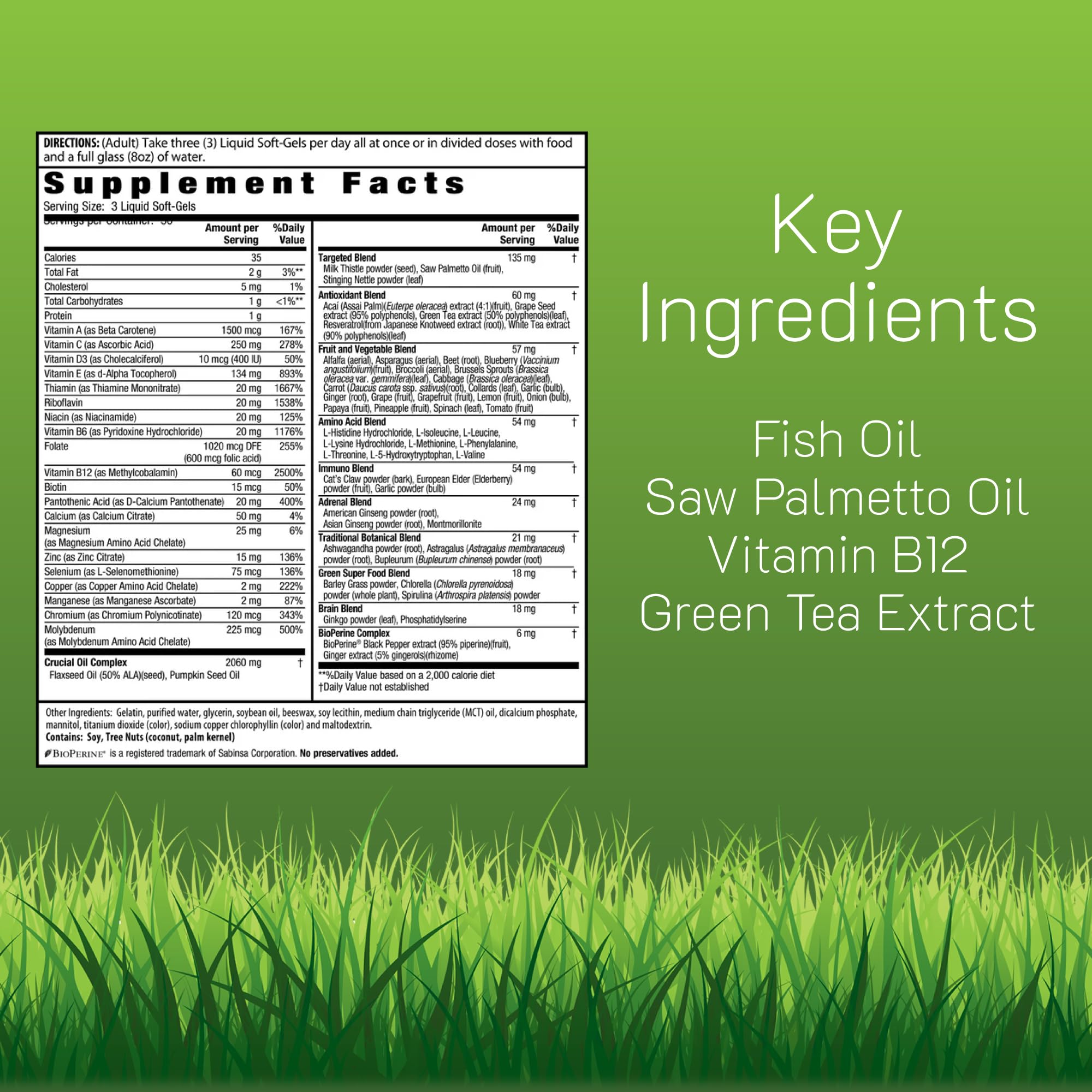 Irwin Naturals Men’s Living Green bottle back — highlights key ingredients