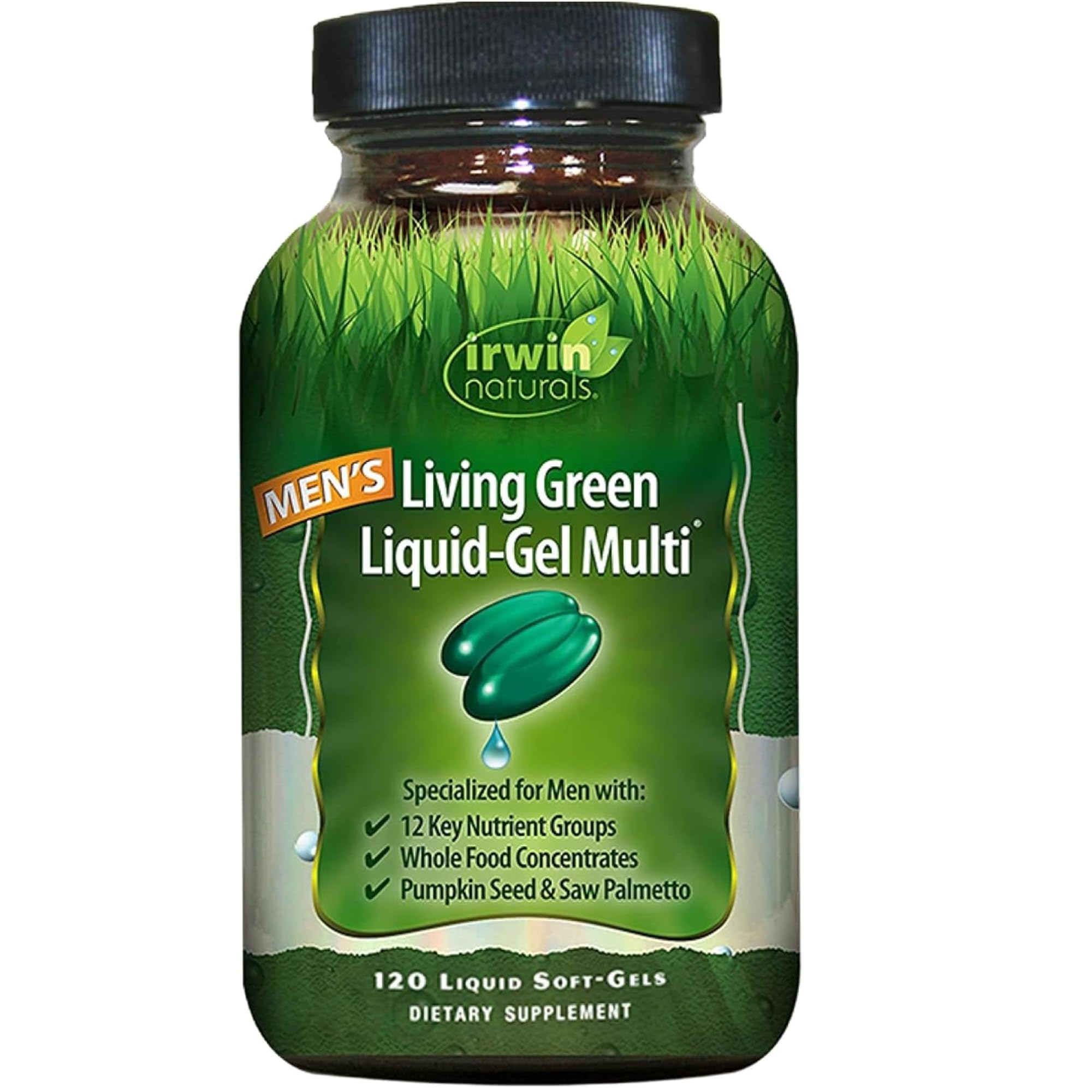 Irwin Naturals Men's Living Green liquid-gel bottle shows plant-based multi-nutrition for daily energy.