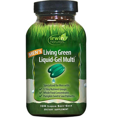 Irwin Naturals Men's Living Green liquid-gel bottle shows plant-based multi-nutrition for daily energy.