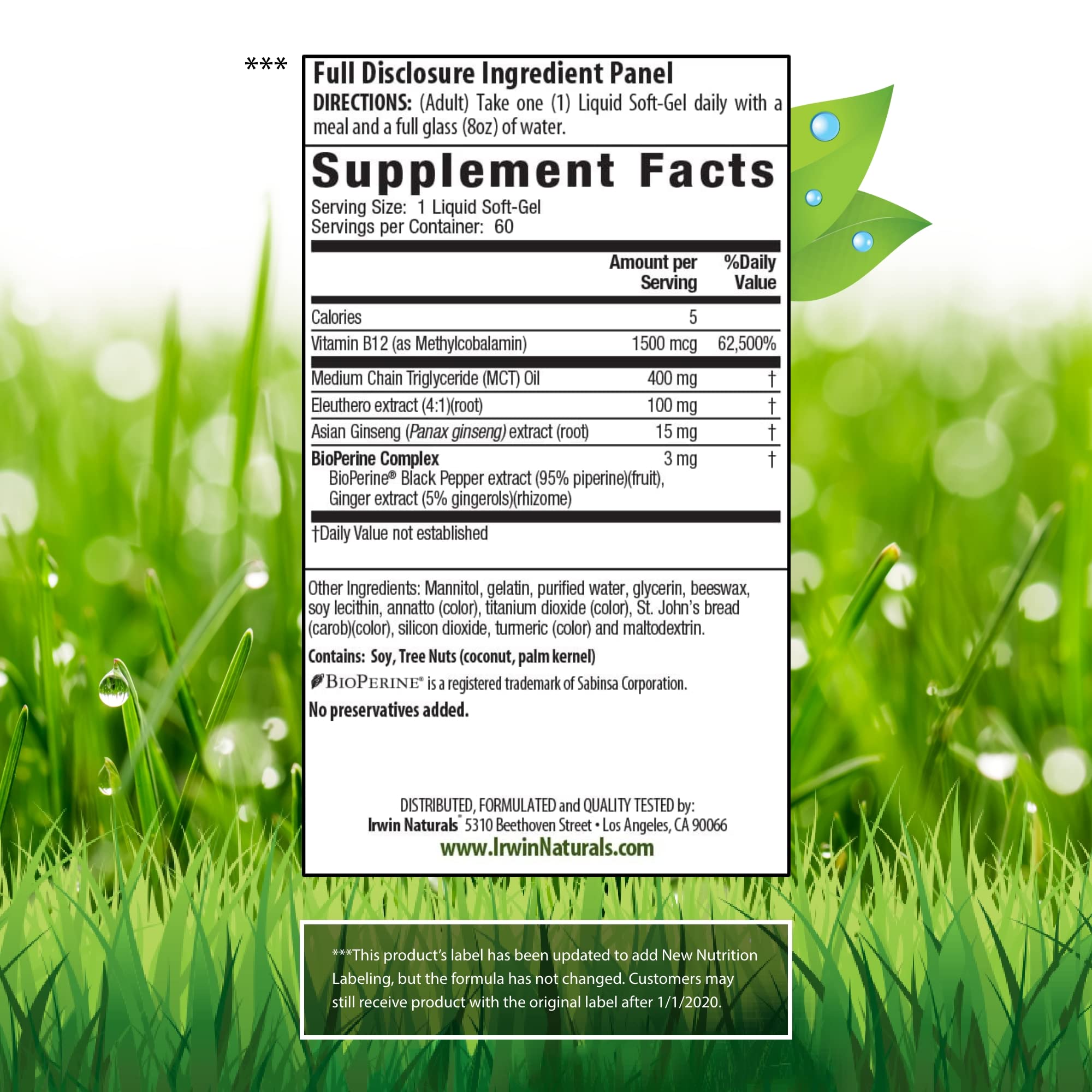 Irwin Naturals One-Per-Day Mega B-12 bottle side view showing compact daily capsules.