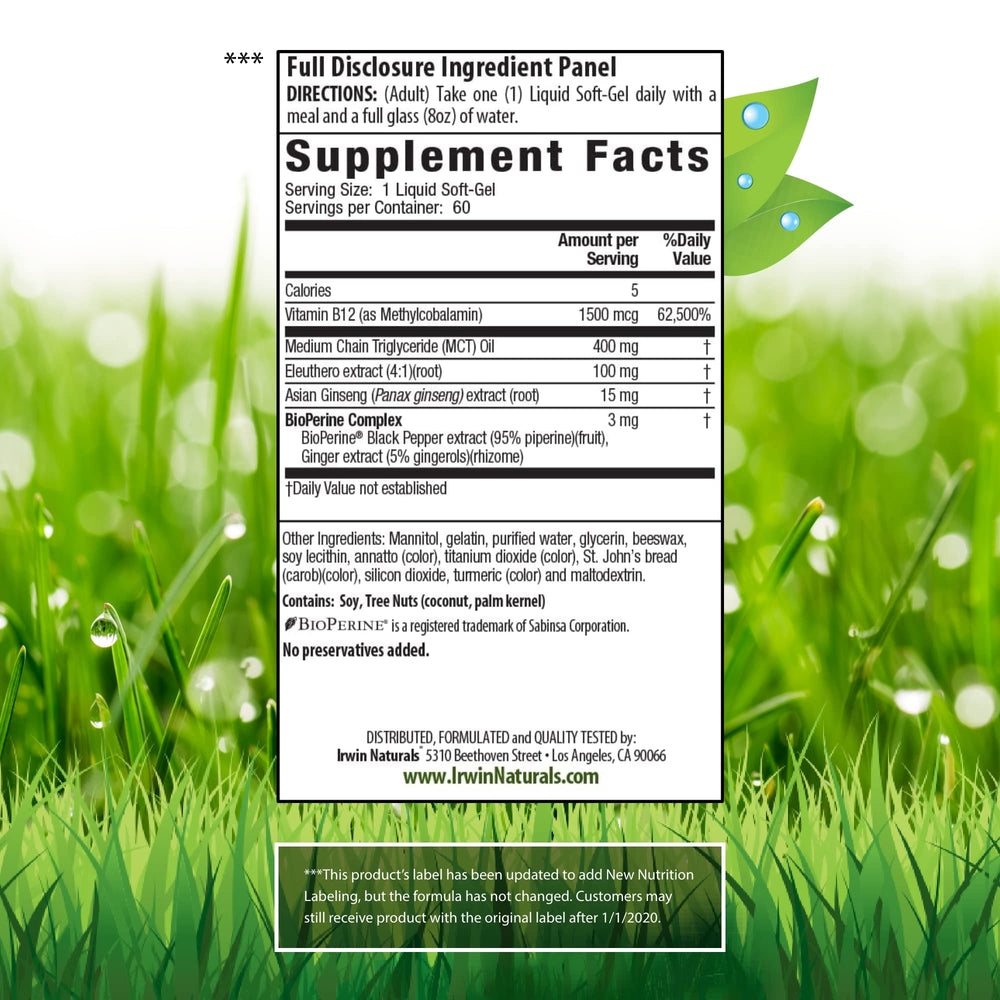 Irwin Naturals One-Per-Day Mega B-12 bottle side view showing compact daily capsules.