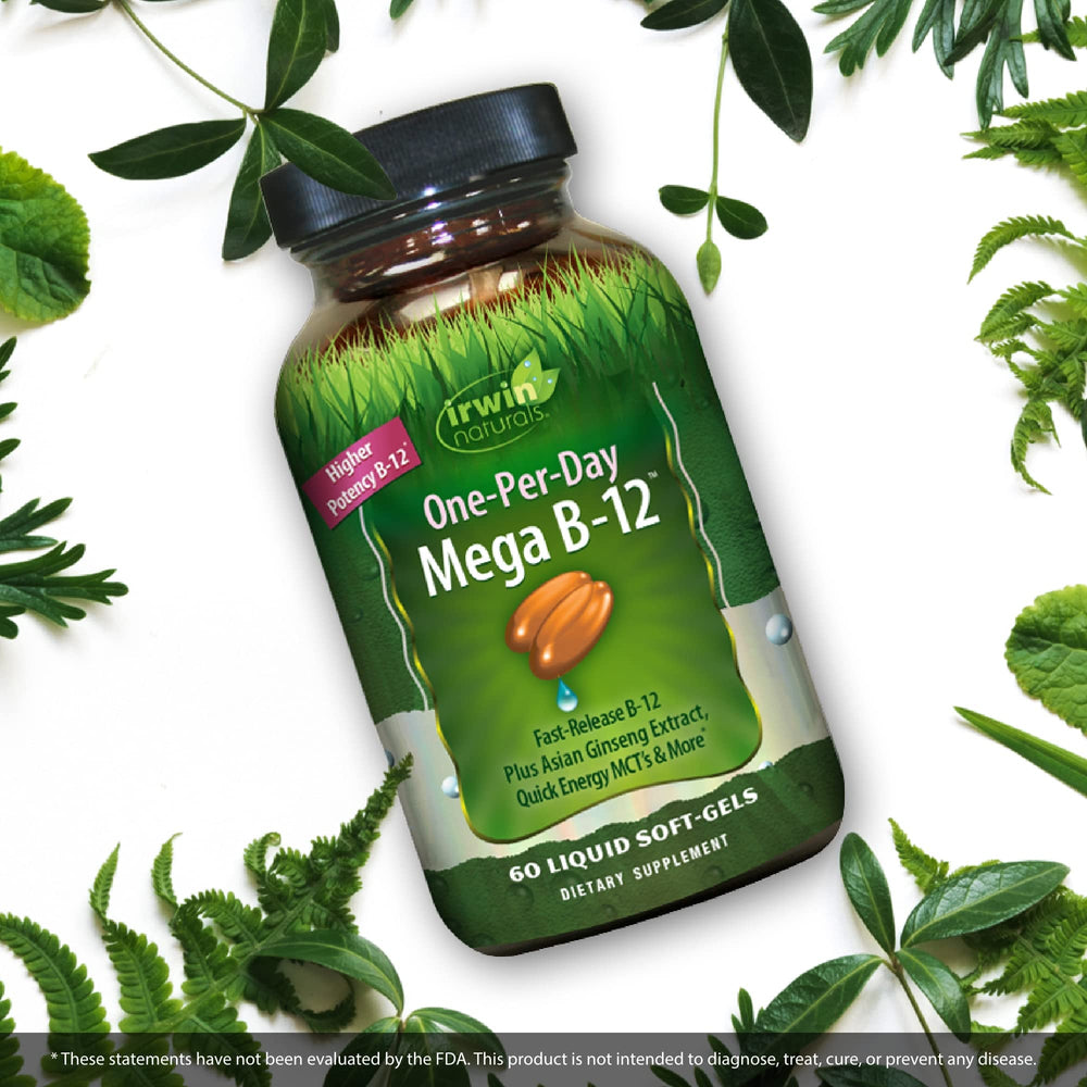 Irwin Naturals Mega B-12 nutrition panel highlights potency and ingredients.