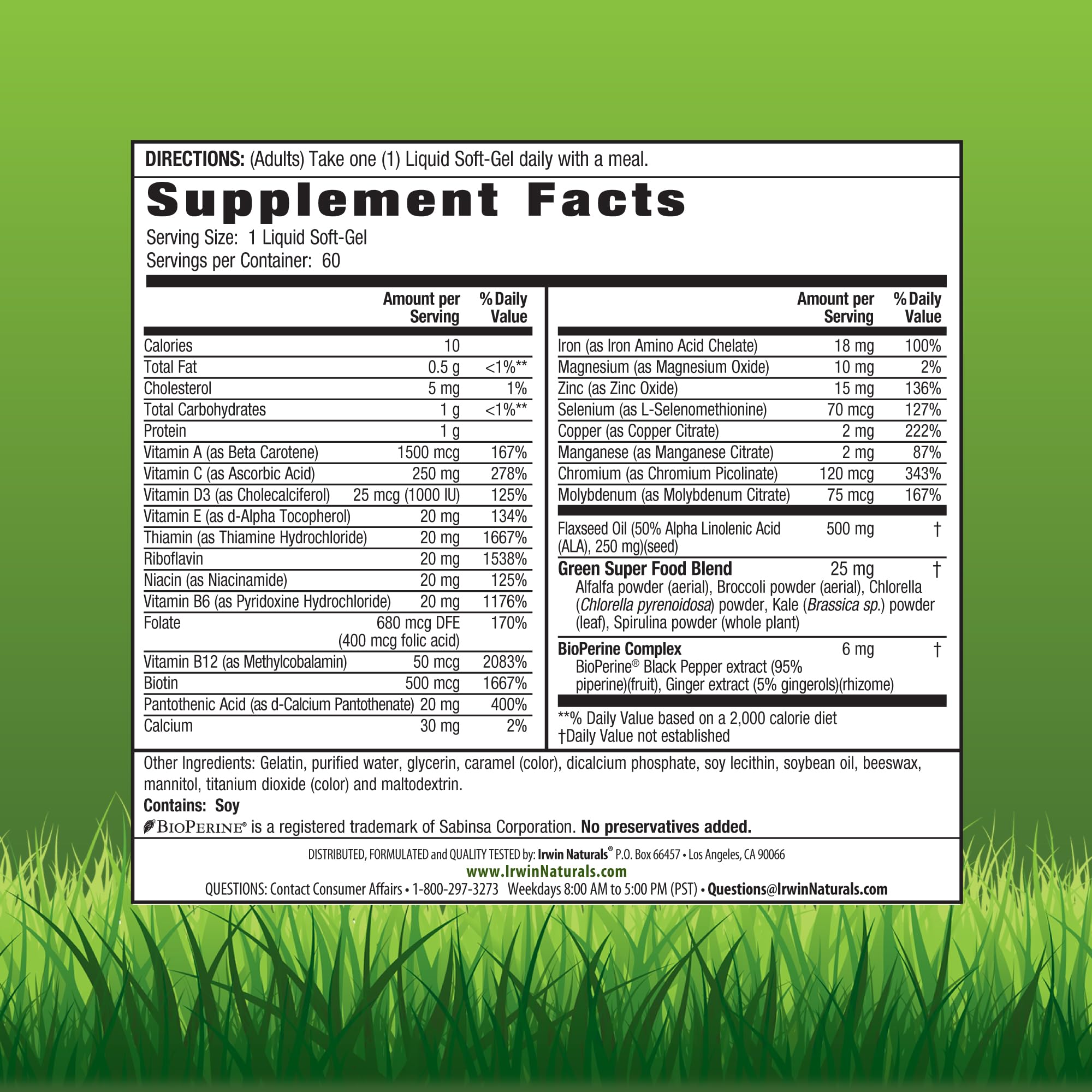 Irwin Naturals Only One label closeup showing iron emphasis