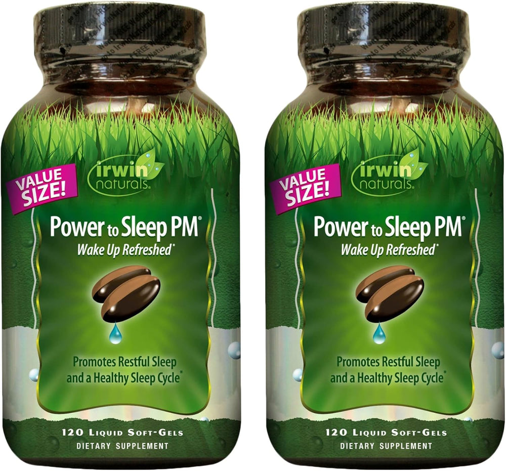 Irwin Naturals Power to Sleep PM bottle on shelf promotes nightly relaxation.