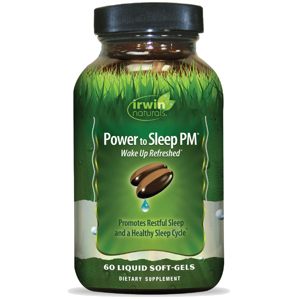 Irwin Naturals Power to Sleep PM bottle, front view, ready for nightly relaxation.