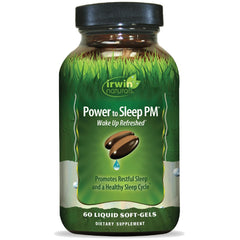 Irwin Naturals Power to Sleep PM bottle, front view, ready for nightly relaxation.
