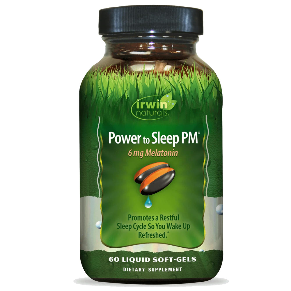 Irwin Naturals Power to Sleep PM softgels packaging for convenient nightly use.