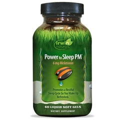 Irwin Naturals Power to Sleep PM softgels packaging for convenient nightly use.