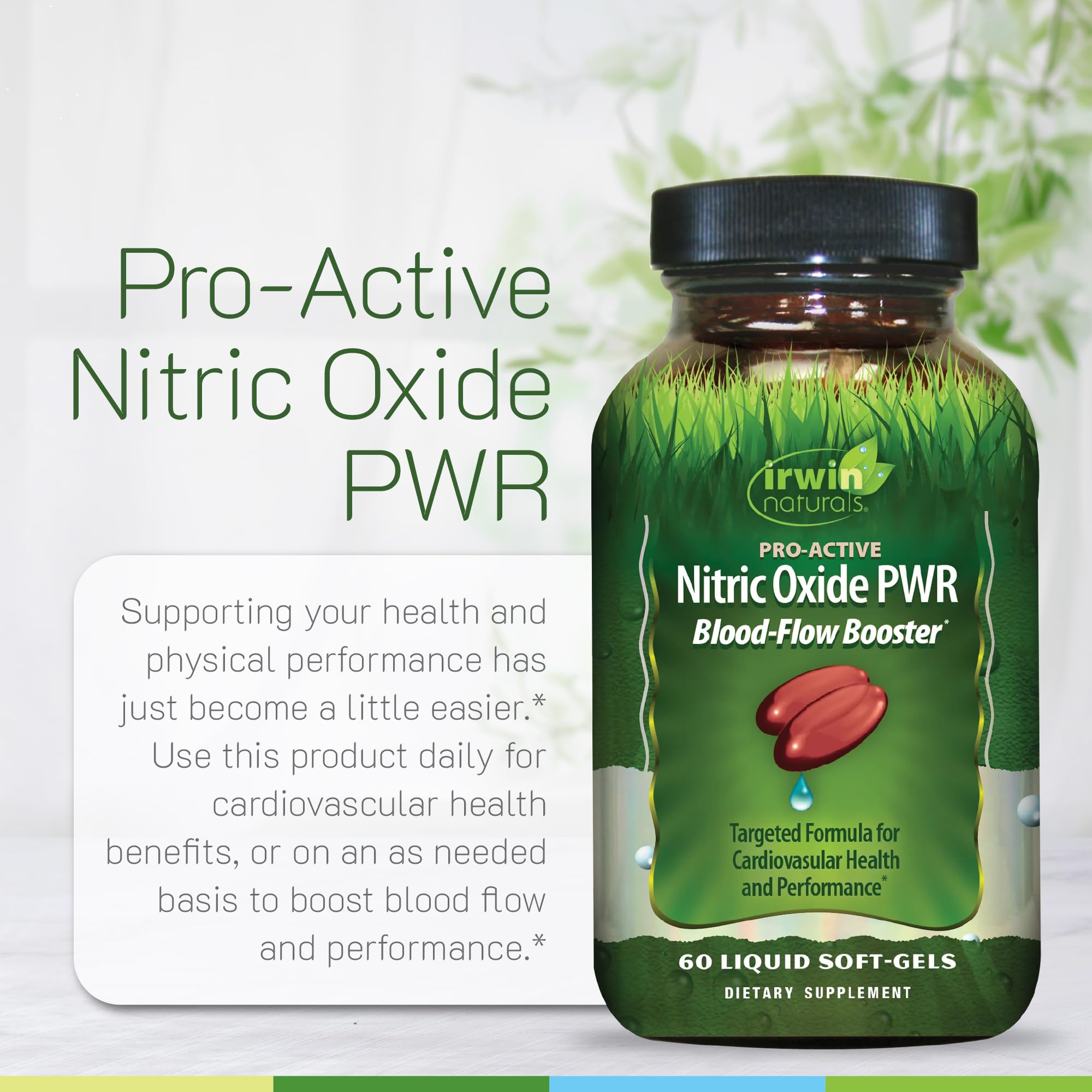 Irwin Naturals Pro-Active Nitric Oxide PWR bottle on desk ready for daily use.