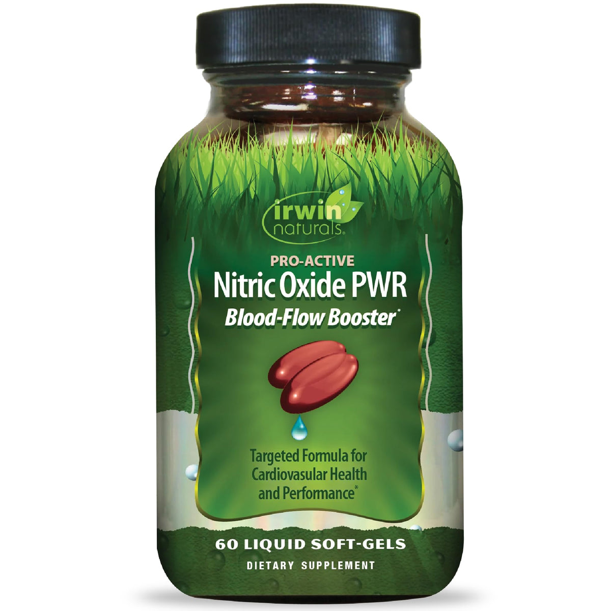 Irwin Naturals Pro-Active Nitric Oxide PWR bottle for athletic support during workouts.