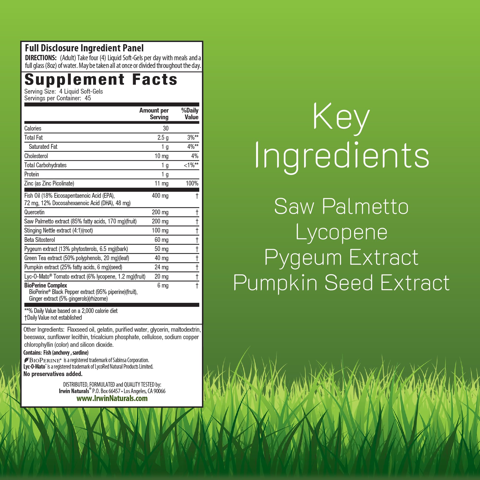 Irwin Naturals Prosta-Strong ingredients panel highlighting saw palmetto and pumpkin seeds
