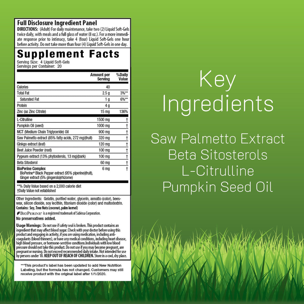 Close-up of Prosta-Strong RED label highlighting saw palmetto and lycopene.