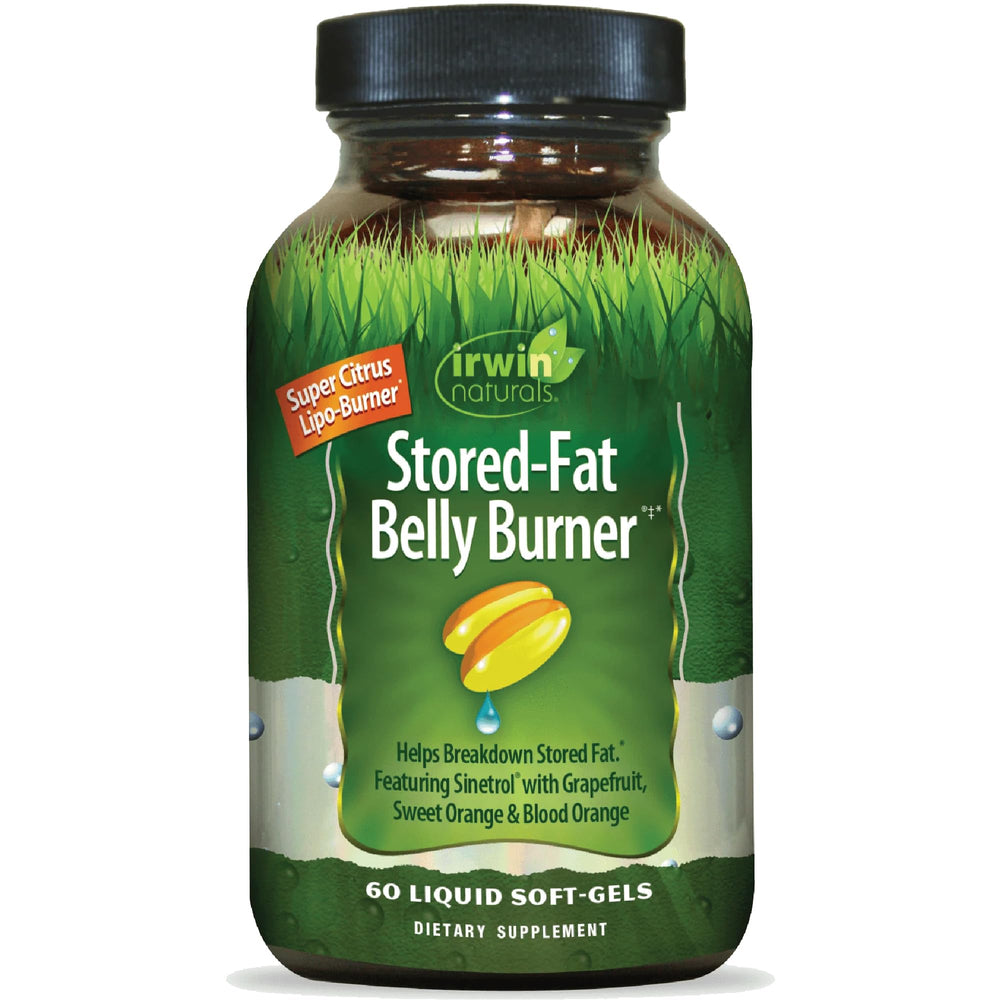 Irwin Naturals Stored-Fat Belly Burner bottle front showing citrus blend for targeted area support