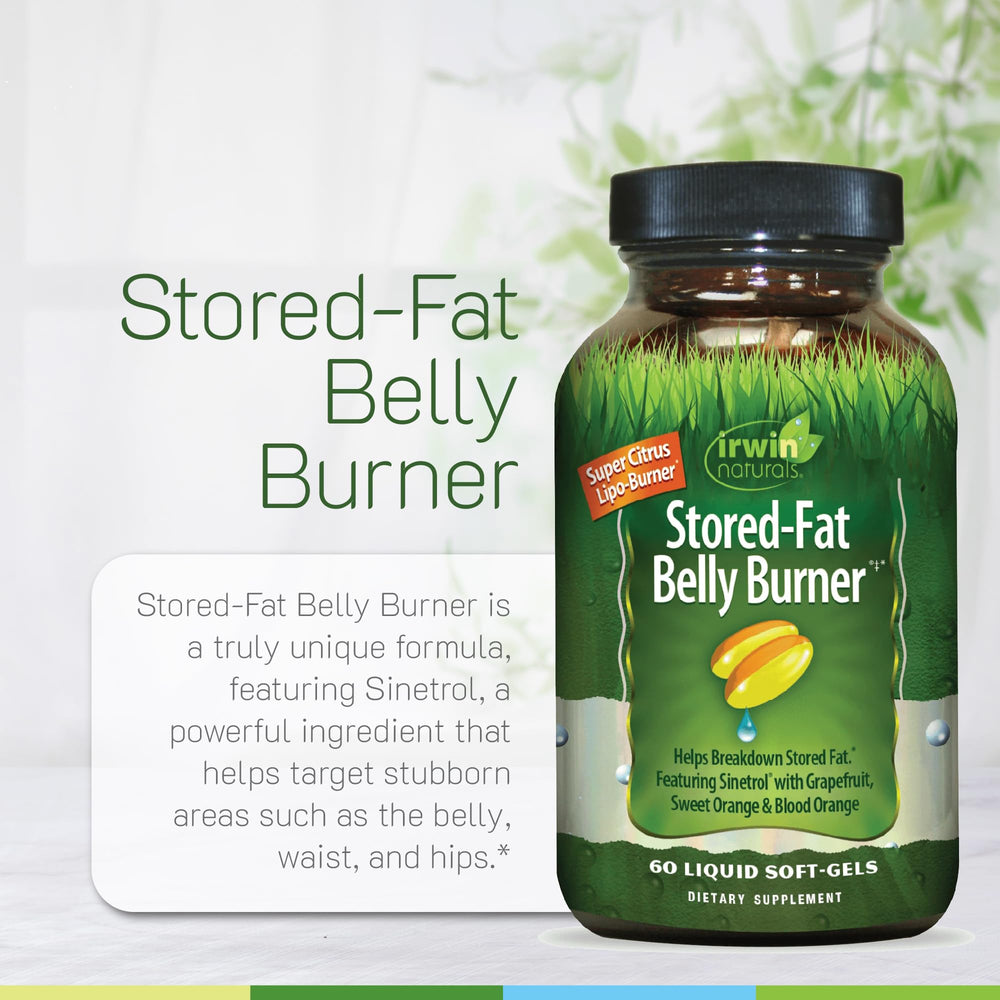Label close-up of Irwin Naturals Stored-Fat Belly Burner with BioPerine complex