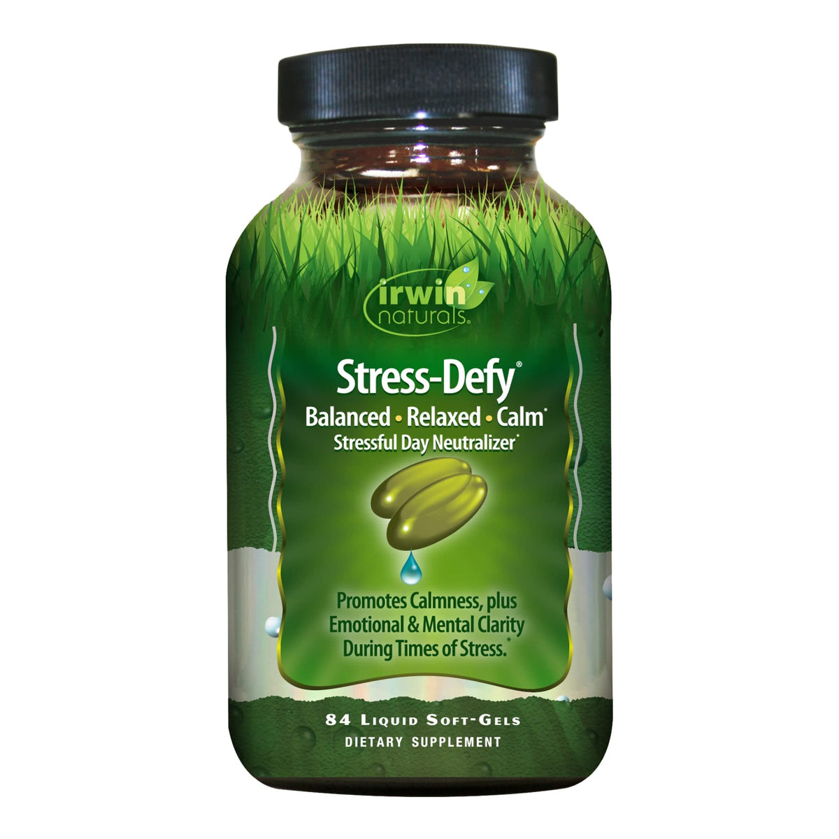 Irwin Naturals Stress-Defy Mood Support bottle for daily calm and balance.