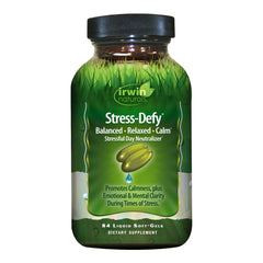 Irwin Naturals Stress-Defy Mood Support bottle for daily calm and balance.