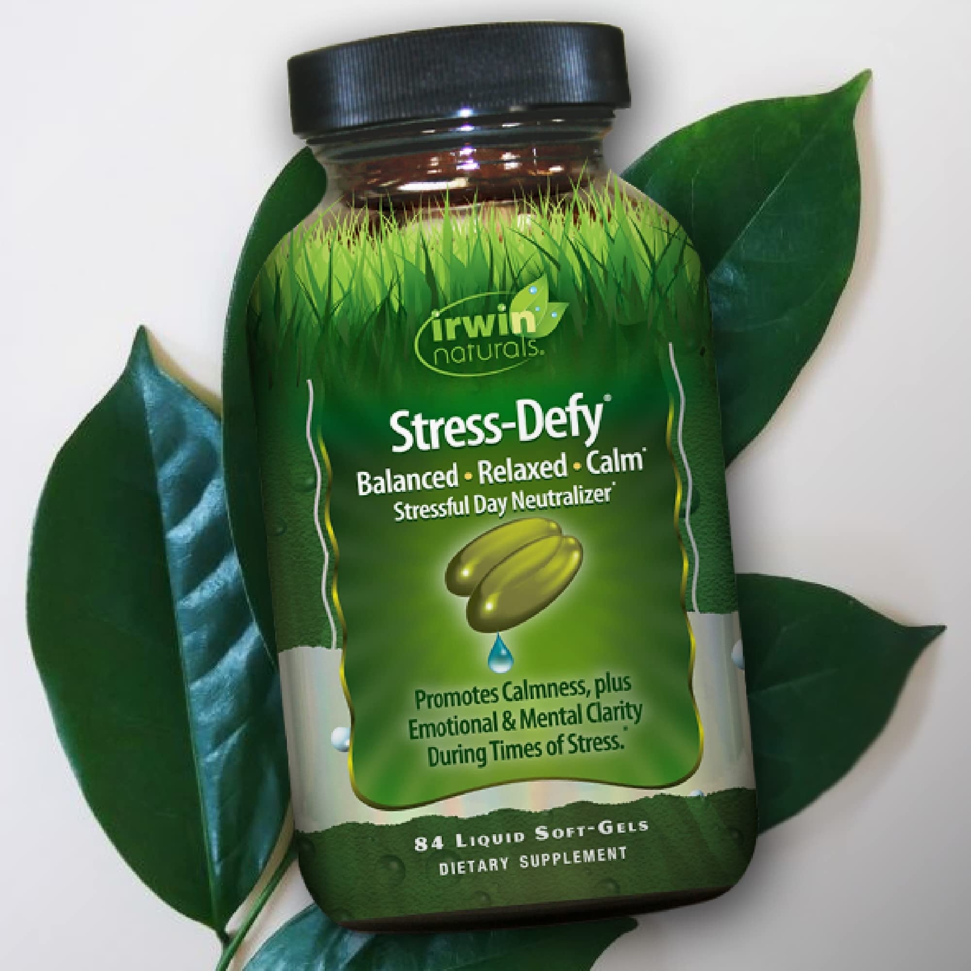 Irwin Naturals Stress-Defy on nightstand for evening calm.