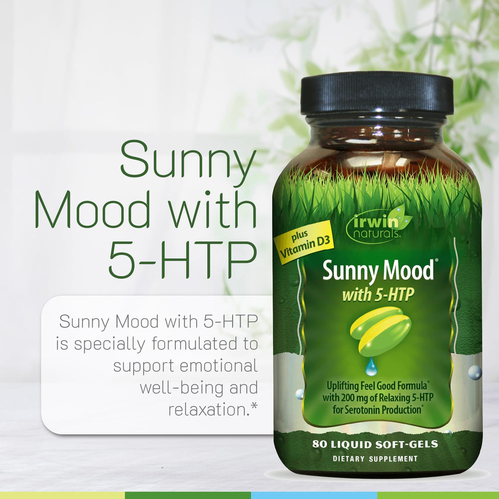 Irwin Naturals Sunny Mood ingredients icons including 5-HTP and botanicals