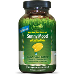 Irwin Naturals Sunny Mood softgel bottle promotes balanced mood and calm energy