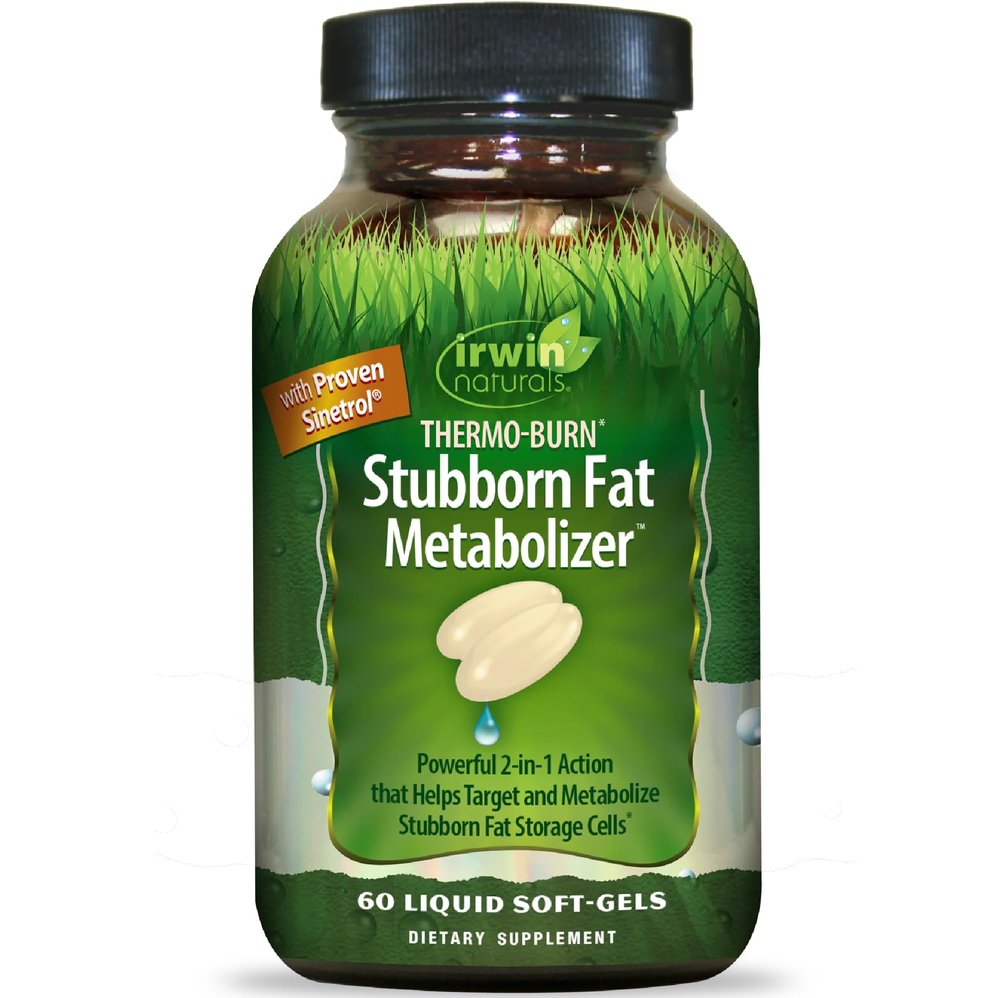 Irwin Naturals Thermo-Burn bottle front with clear label highlighting EGCG and caffeine for metabolism support.