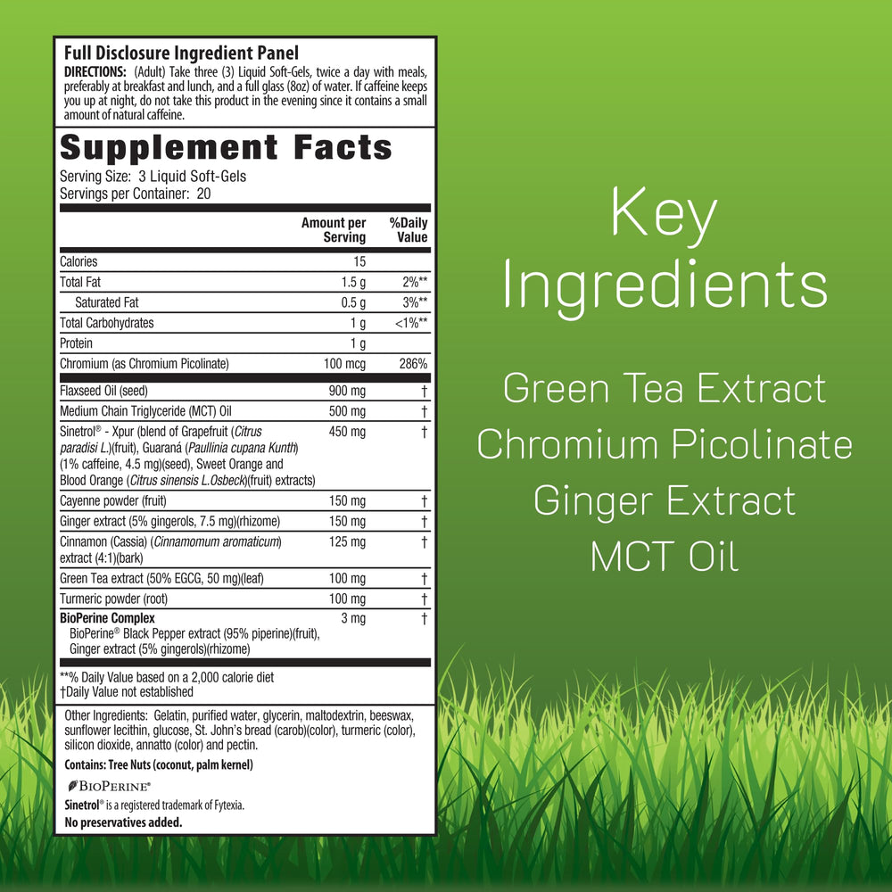 Irwin Naturals Thermo-Burn bottle side showing transparent ingredients list including MCT oil and guarana.