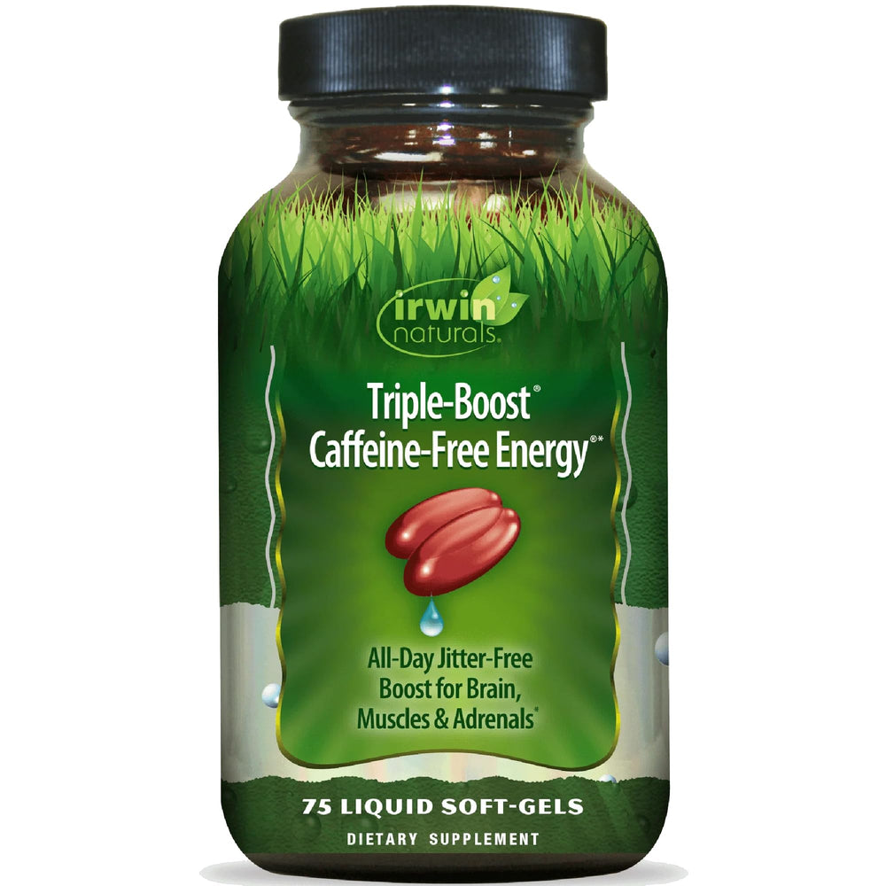 Irwin Naturals Triple-Boost bottle on a counter, caffeine-free energy for all-day focus.