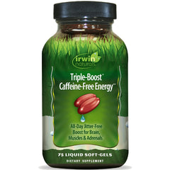 Irwin Naturals Triple-Boost bottle on a counter, caffeine-free energy for all-day focus.