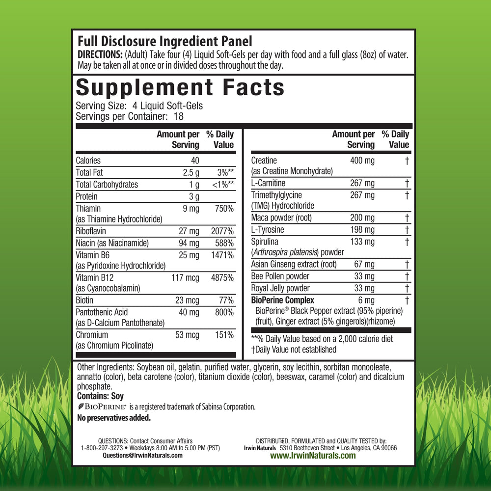 Irwin Naturals Triple-Boost softgels closeup shows smooth, easy-to-swallow capsules.