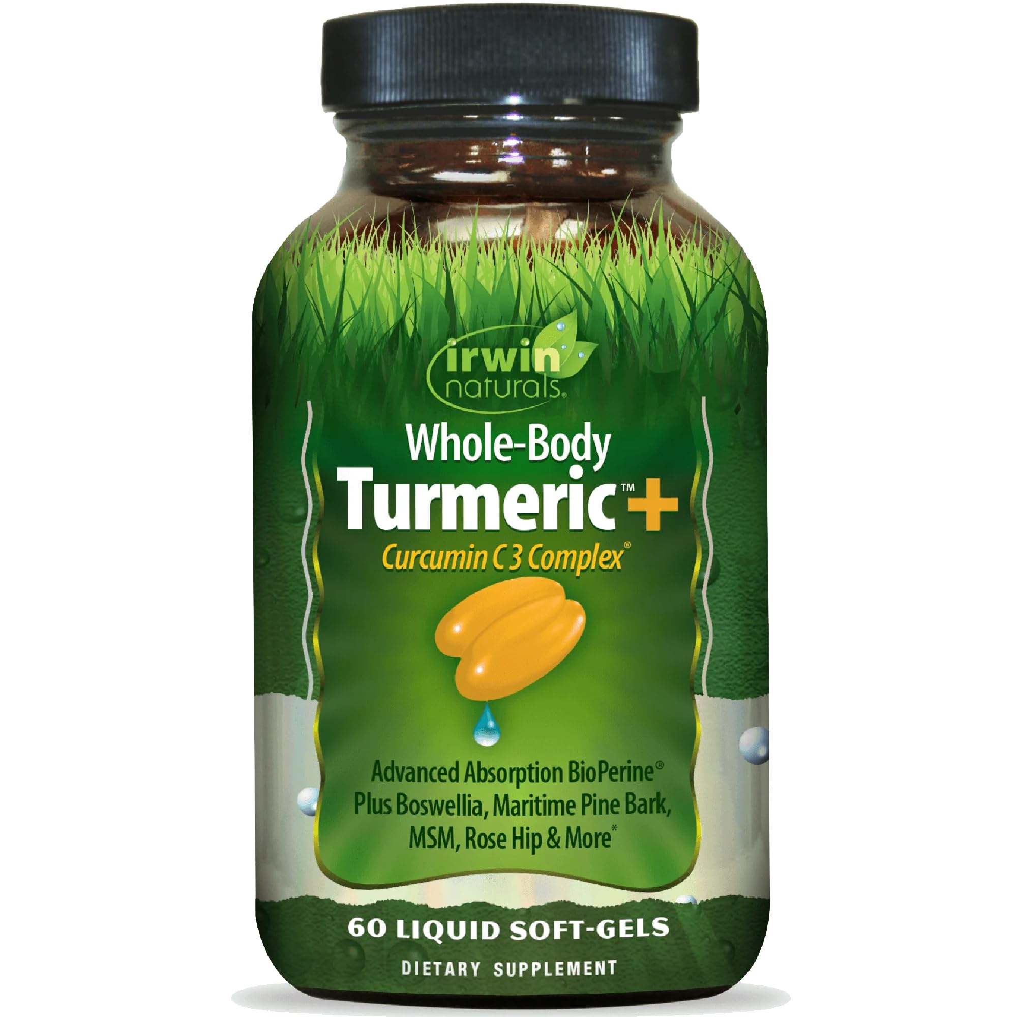 Irwin Naturals Whole-Body Turmeric+ bottle pouring for easy daily use and potential antioxidant support.