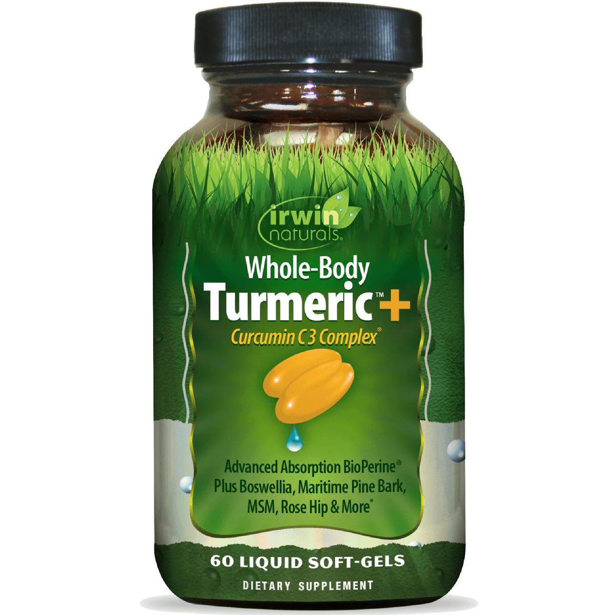 Irwin Naturals Whole-Body Turmeric+ bottle pouring for easy daily use and potential antioxidant support.
